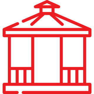 Outline of a gazebo with a pointed roof in red.