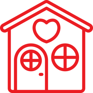 Red outline of a house with a heart above the door and circular windows.