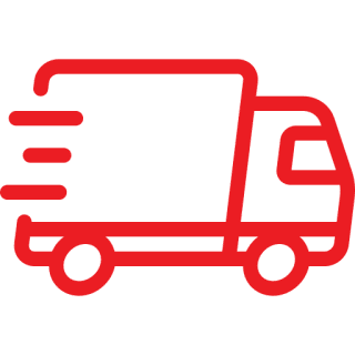 Red truck icon with motion lines indicating speed, on a transparent background.