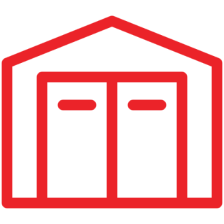 Red outline of a simple house with a triangular roof and double doors on a white background.