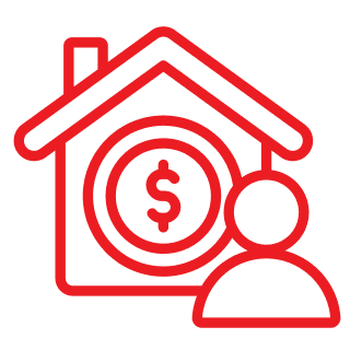 Red outline of a house with a dollar sign inside, alongside a person icon, representing real estate investment or home ownership costs.