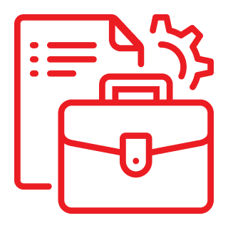 Red line icon of a briefcase, document, and gear, symbolizing business or work-related concepts.