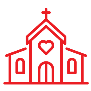 Red line drawing of a church with a heart symbol on the facade, featuring a cross on top and arched windows.