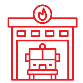 Red line icon of a fire station with a firetruck inside and a flame symbol above the entrance.