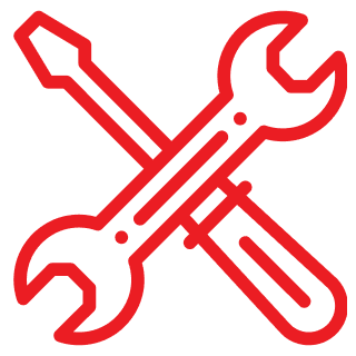 Red outline of a wrench and screwdriver crossed over each other on a transparent background.