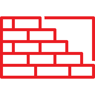 Red outline of a brick wall with five rows of staggered bricks.