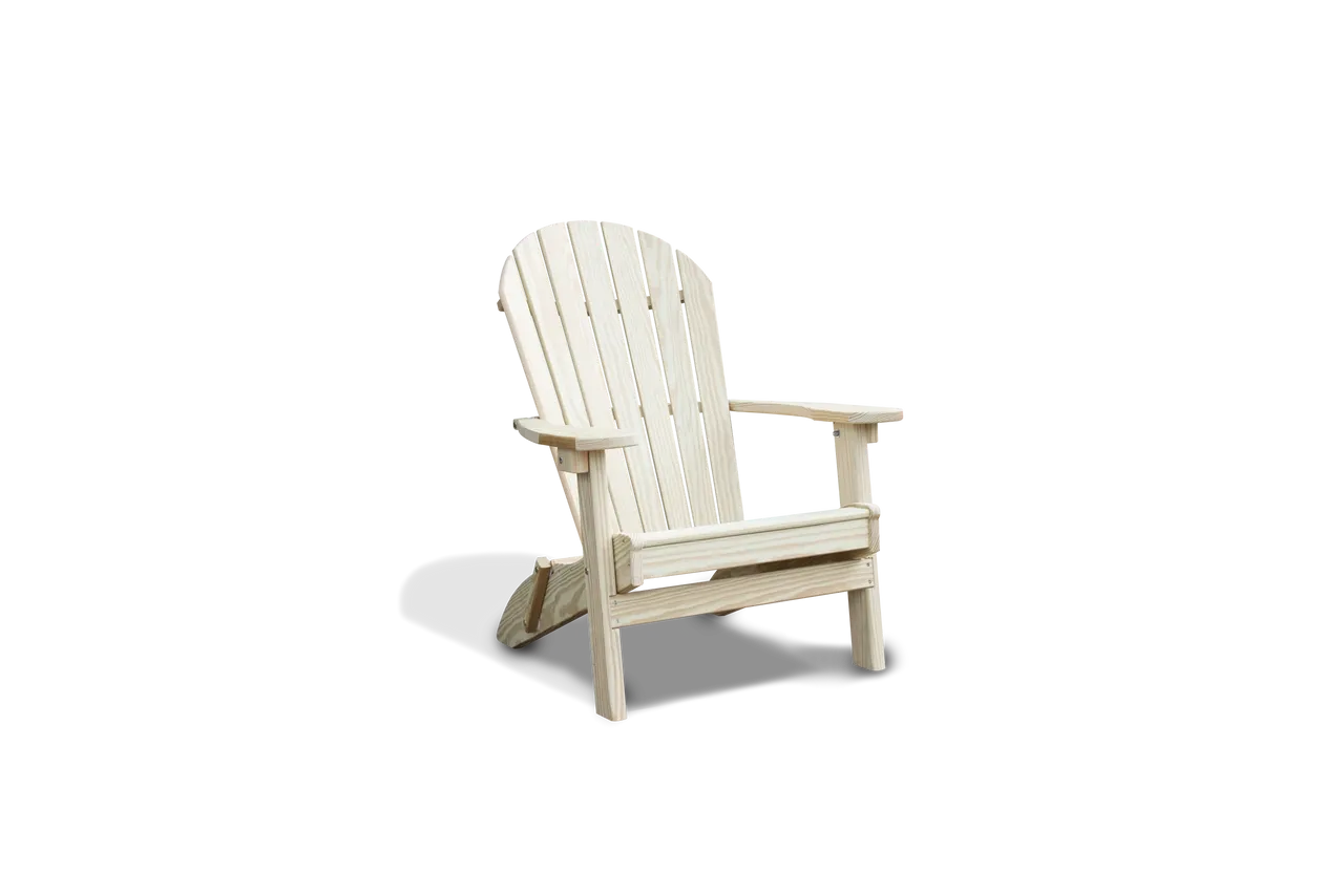 A white chair with an open back and folding seat.