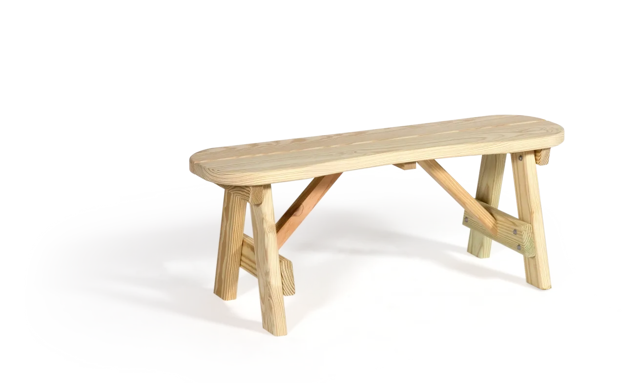 A wooden bench sitting on top of a table.