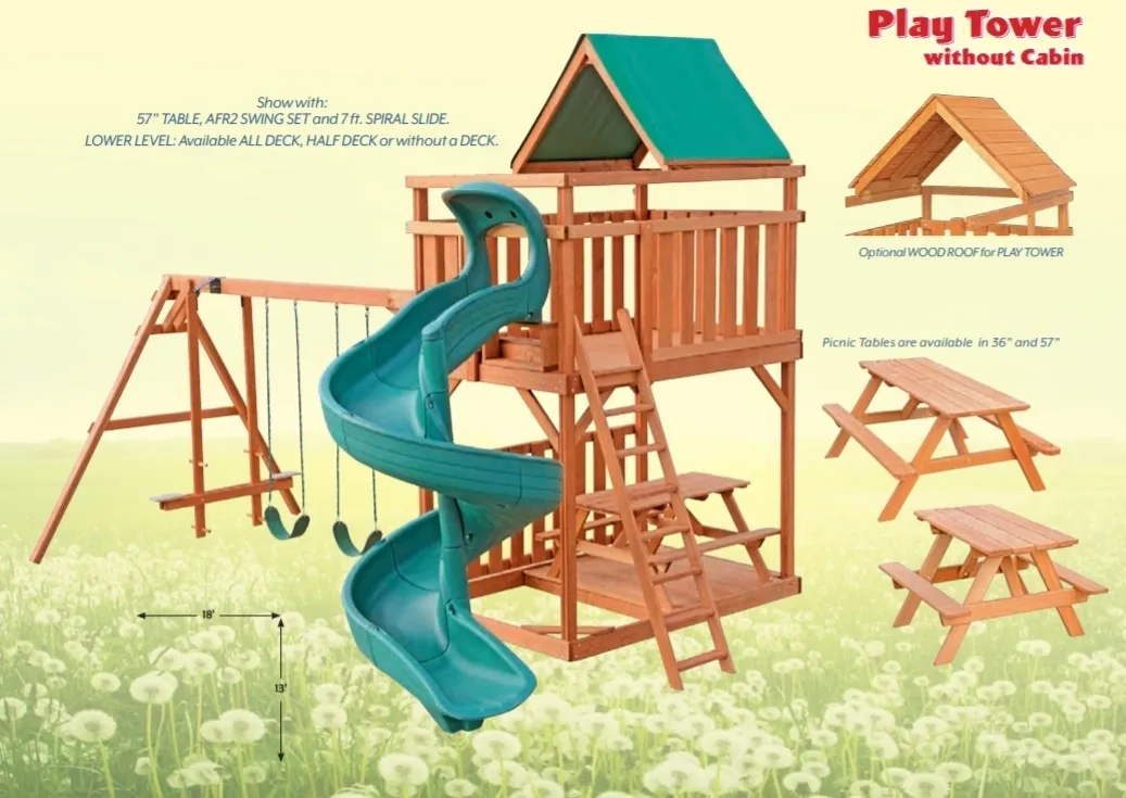 A wooden play set with slide, picnic table and swings.