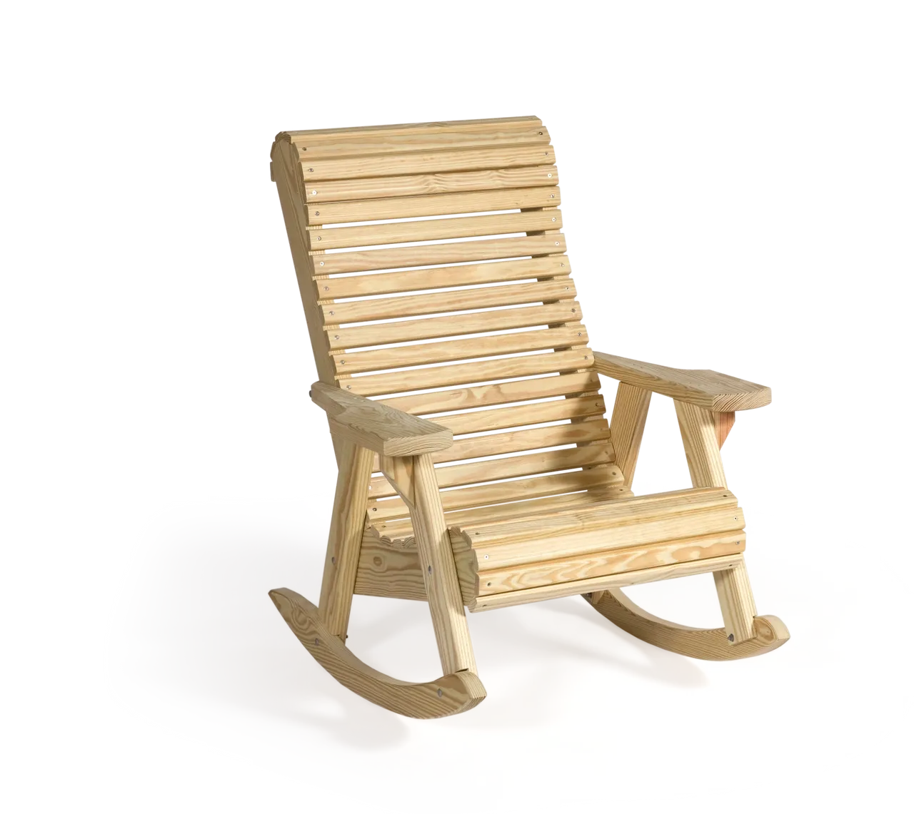 A wooden rocking chair is shown on the ground.