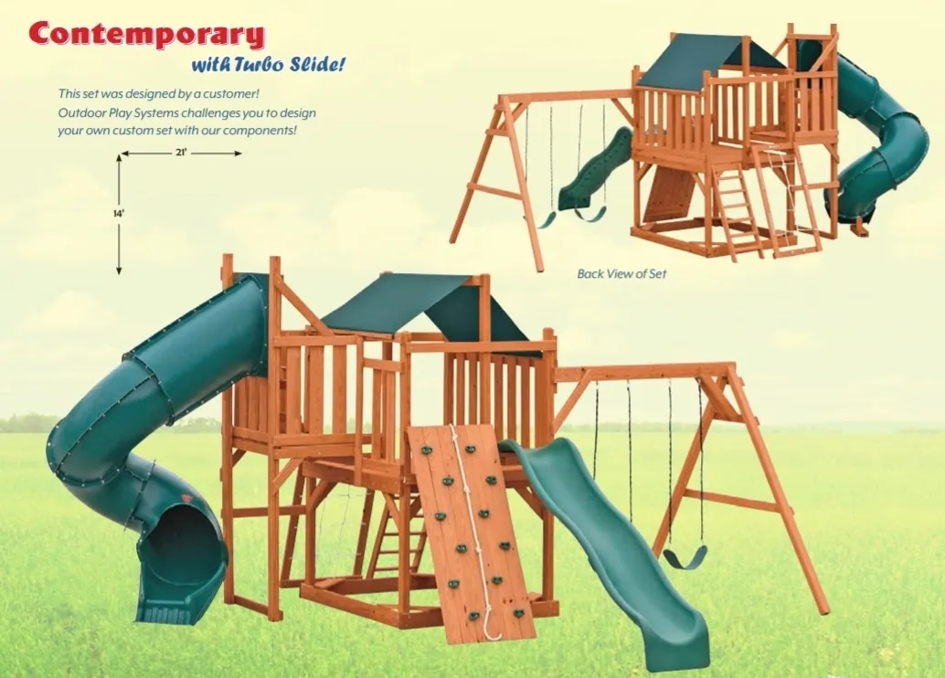 A wooden play set with slide and swings.
