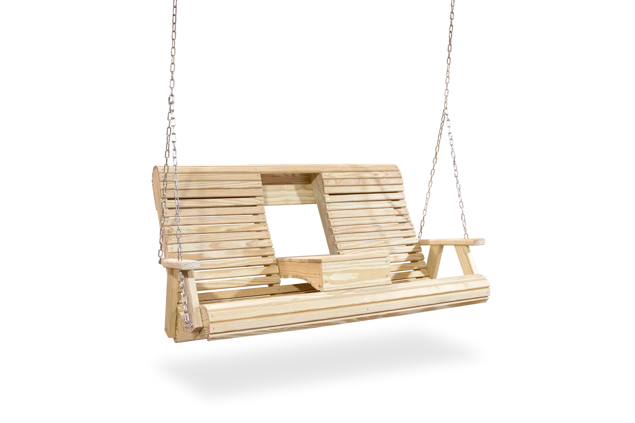 A wooden swing with an open seat.
