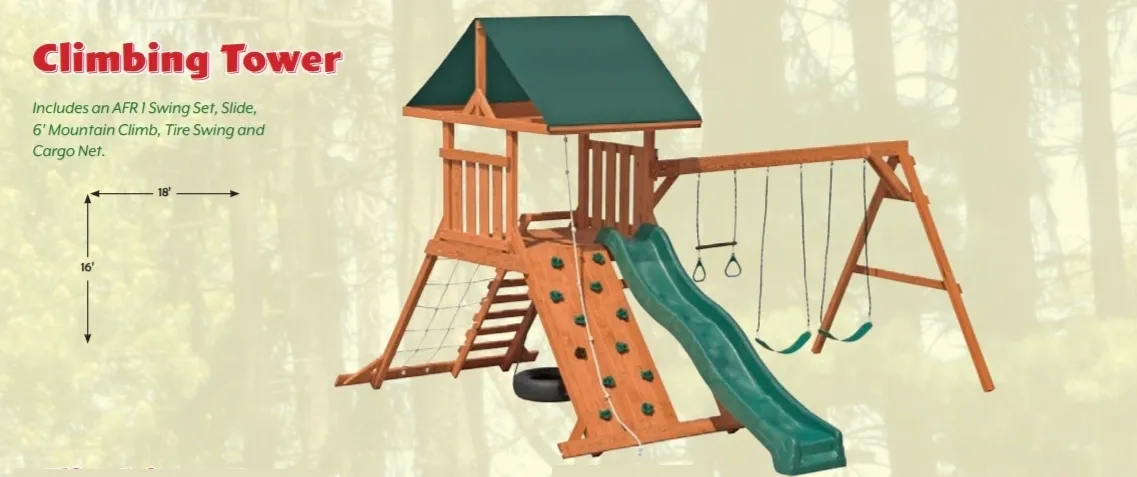A wooden play set with slide and swings.