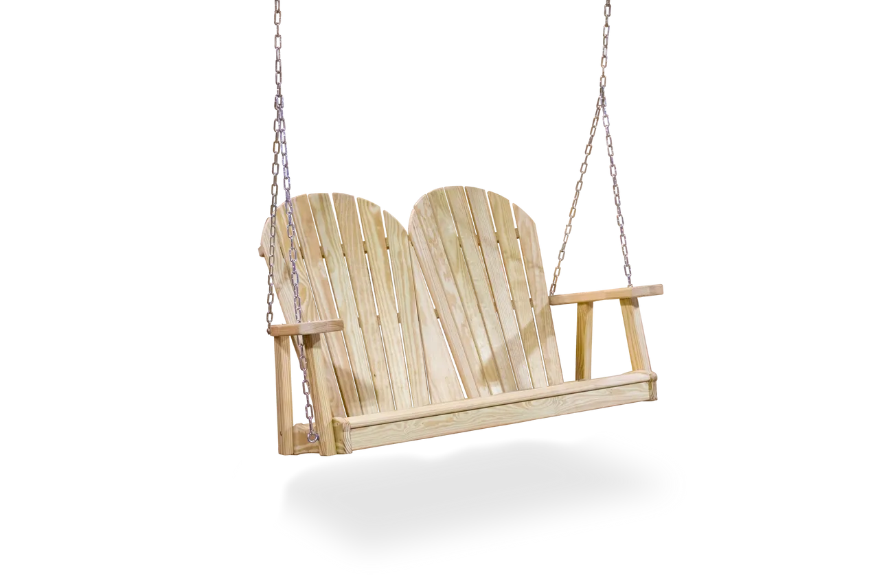 A wooden swing with two seats hanging from chains.