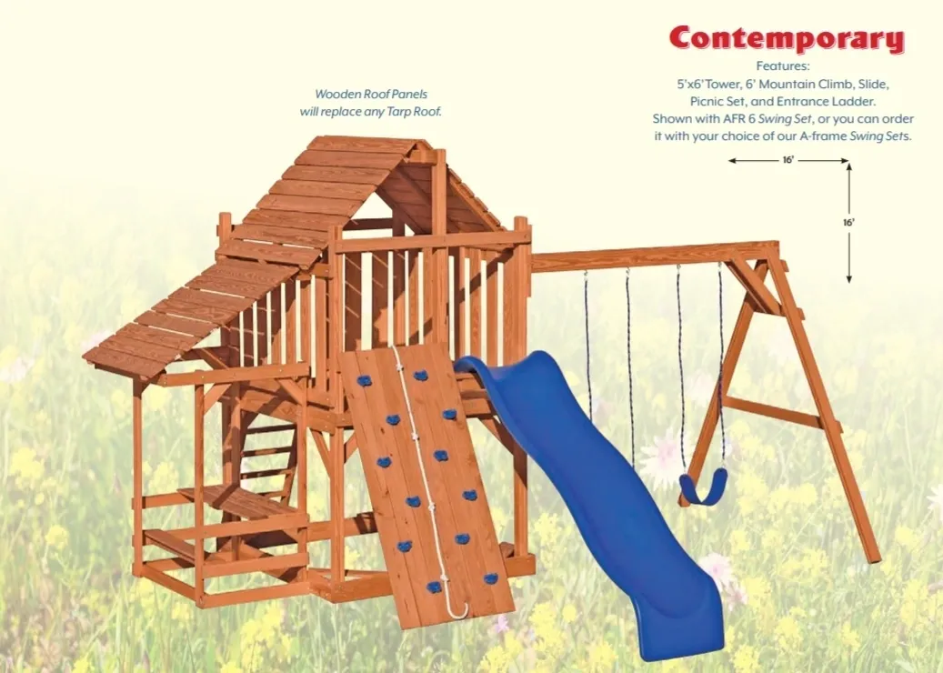 A wooden play structure with slide and swings.