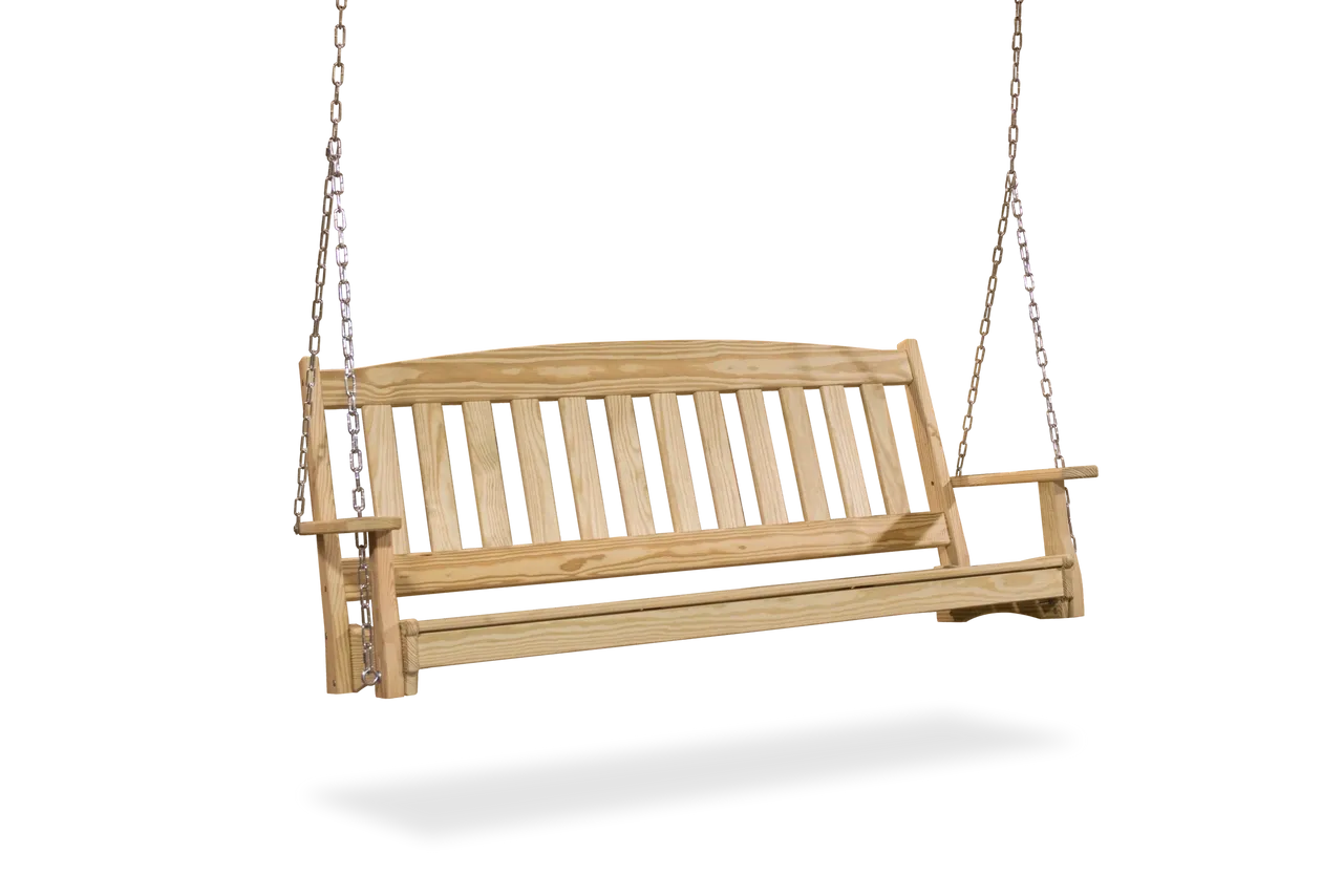 A wooden swing with chains hanging from it.