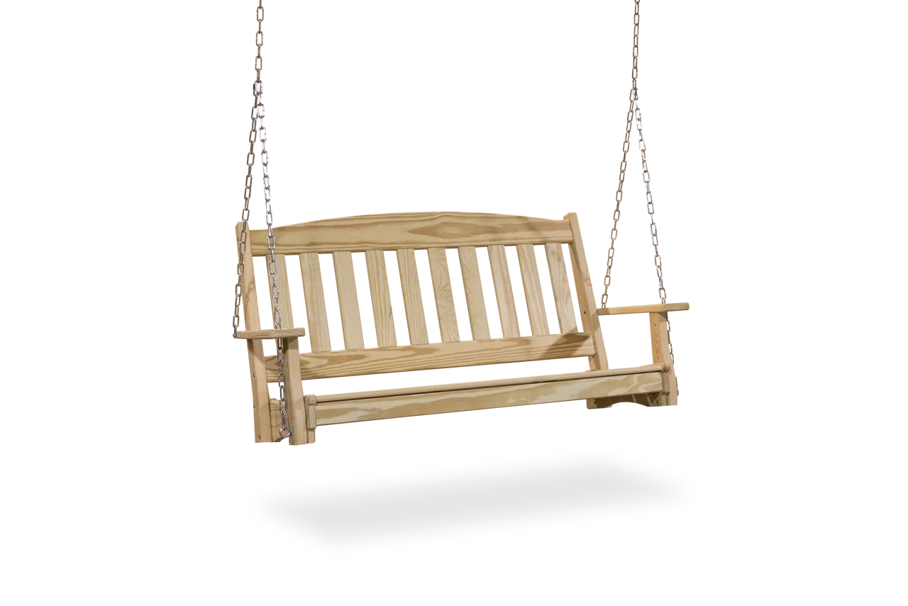 A wooden bench sitting on top of a swing.
