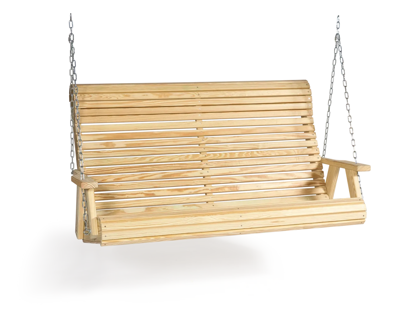 A wooden swing seat with chains hanging from it.