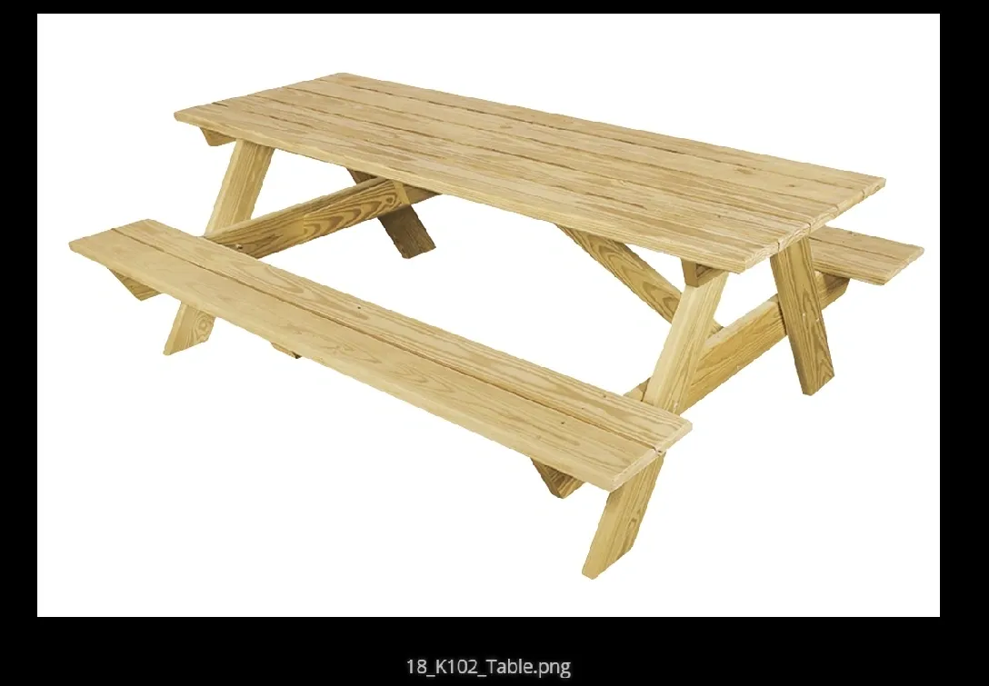 A wooden picnic table with benches on top.