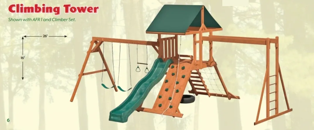 A wooden play set with swings and slides.