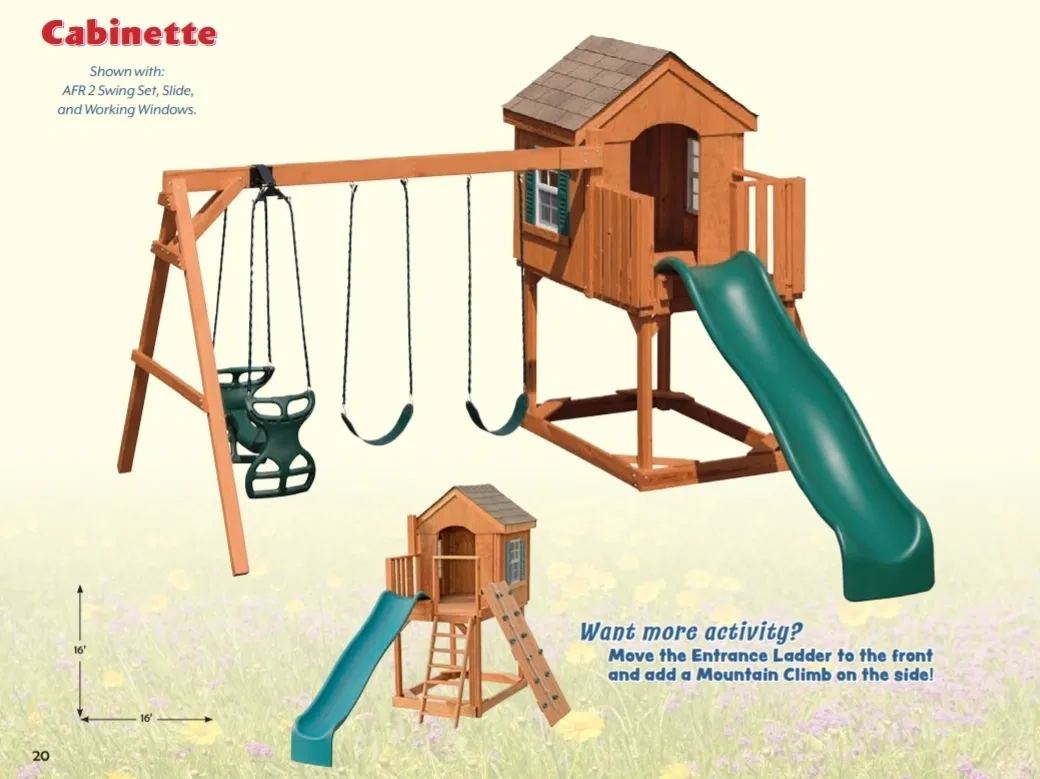 A wooden swing set with slide and swings.