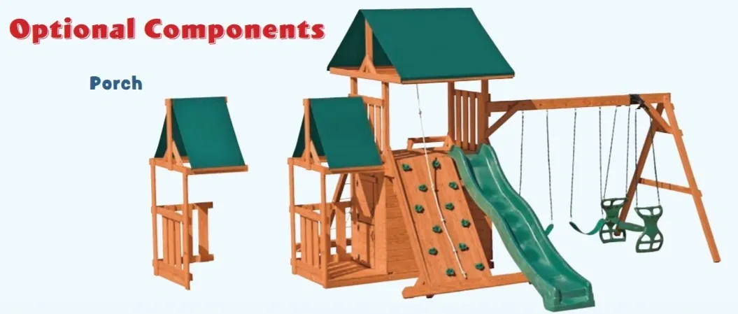 A wooden play structure with slide and climbing wall.