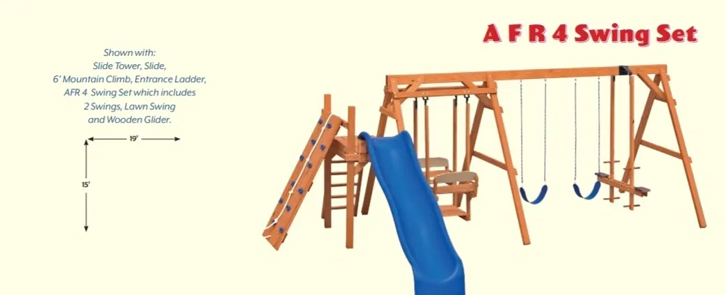 A wooden swing set with slide and swings.