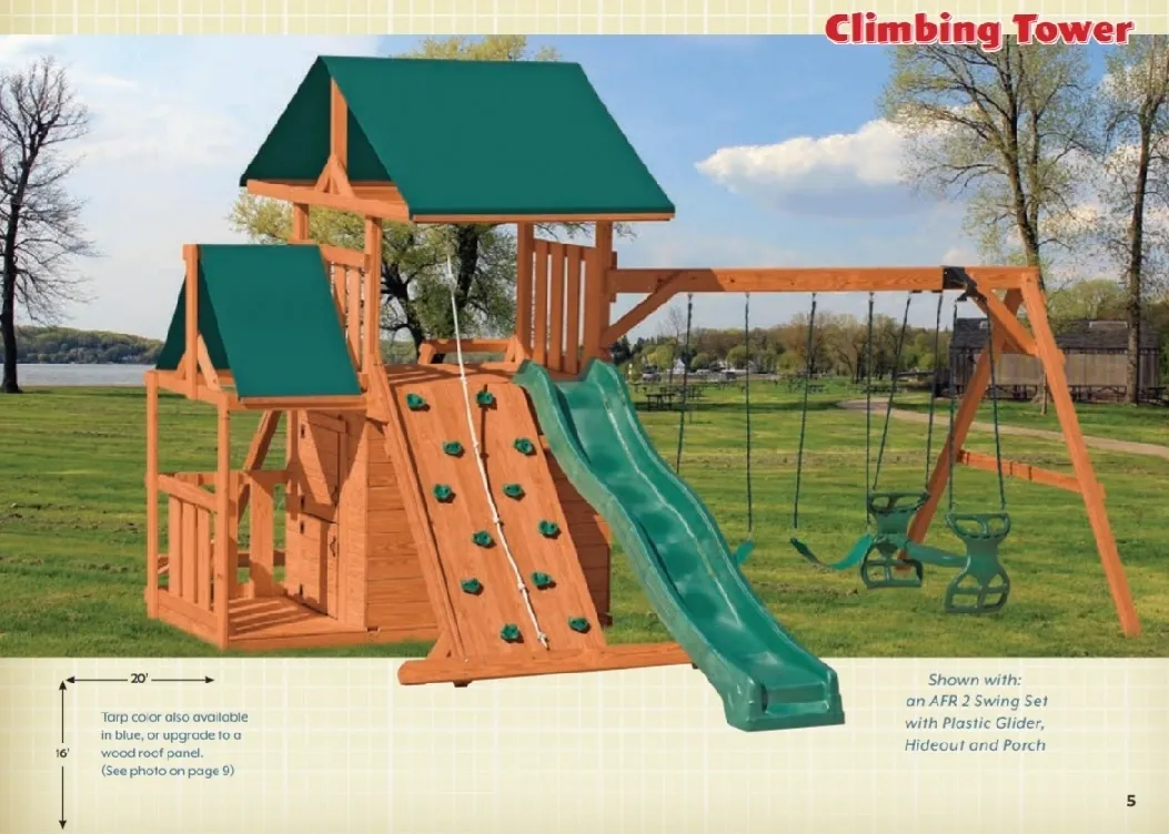 A wooden play structure with slide and swings.