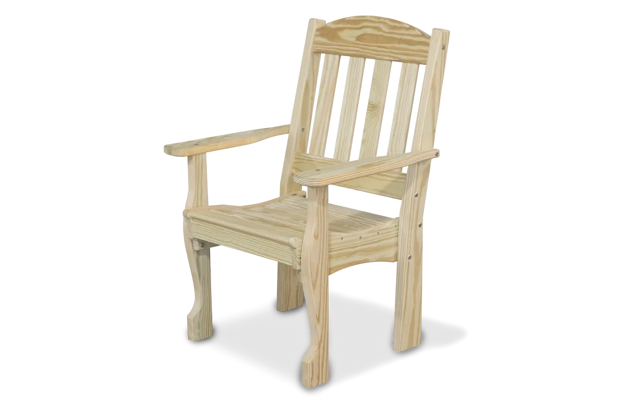 A wooden chair with arms and legs.