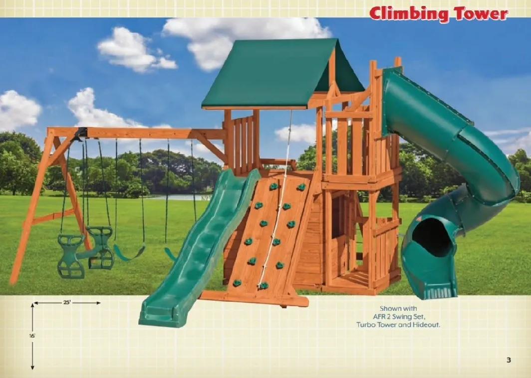 A wooden play set with green slide and swings.