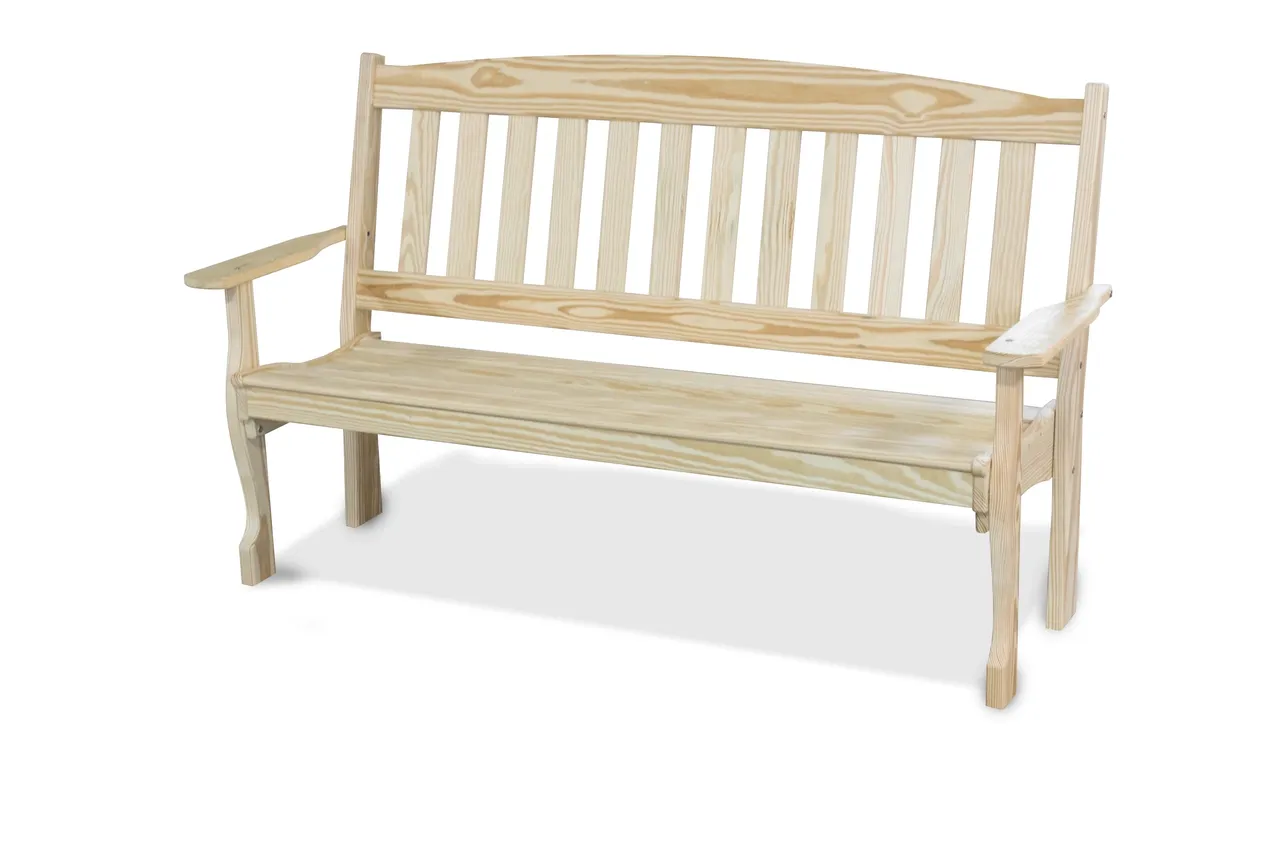 A wooden bench sitting on top of a white floor.