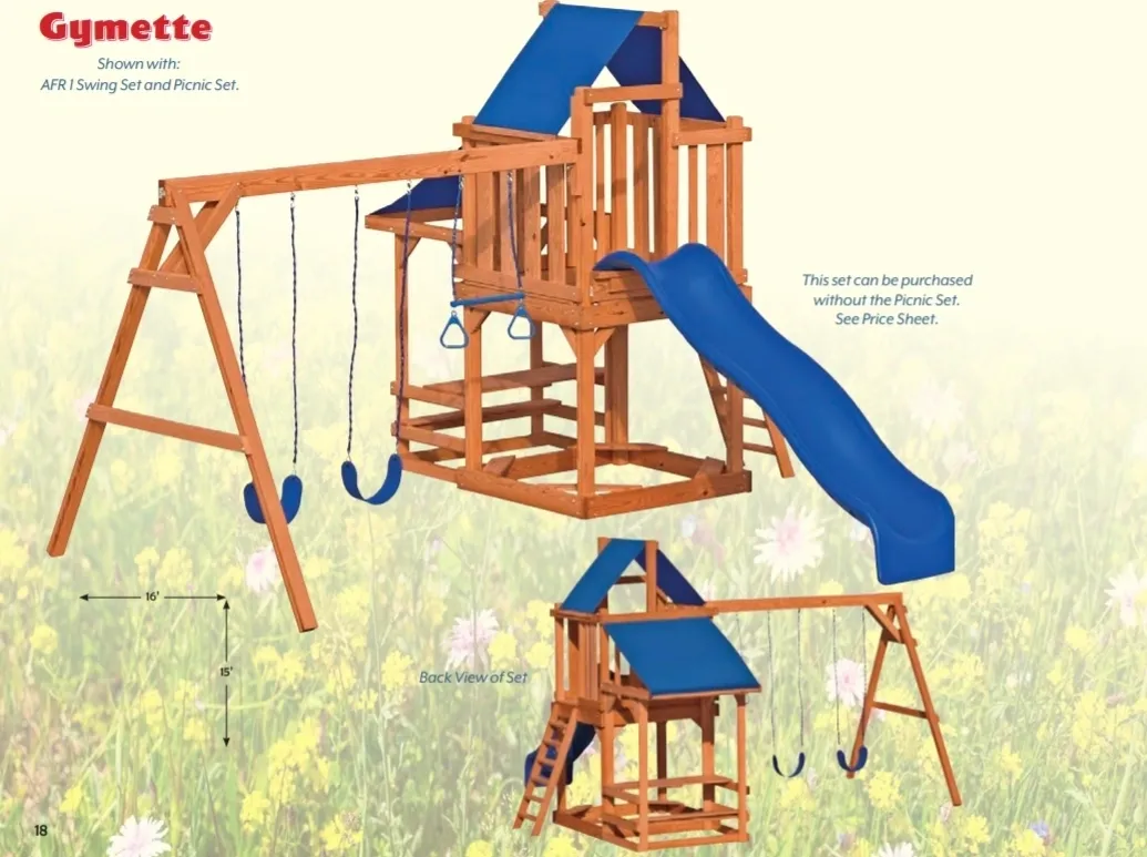 A wooden swing set with blue slide and swings.
