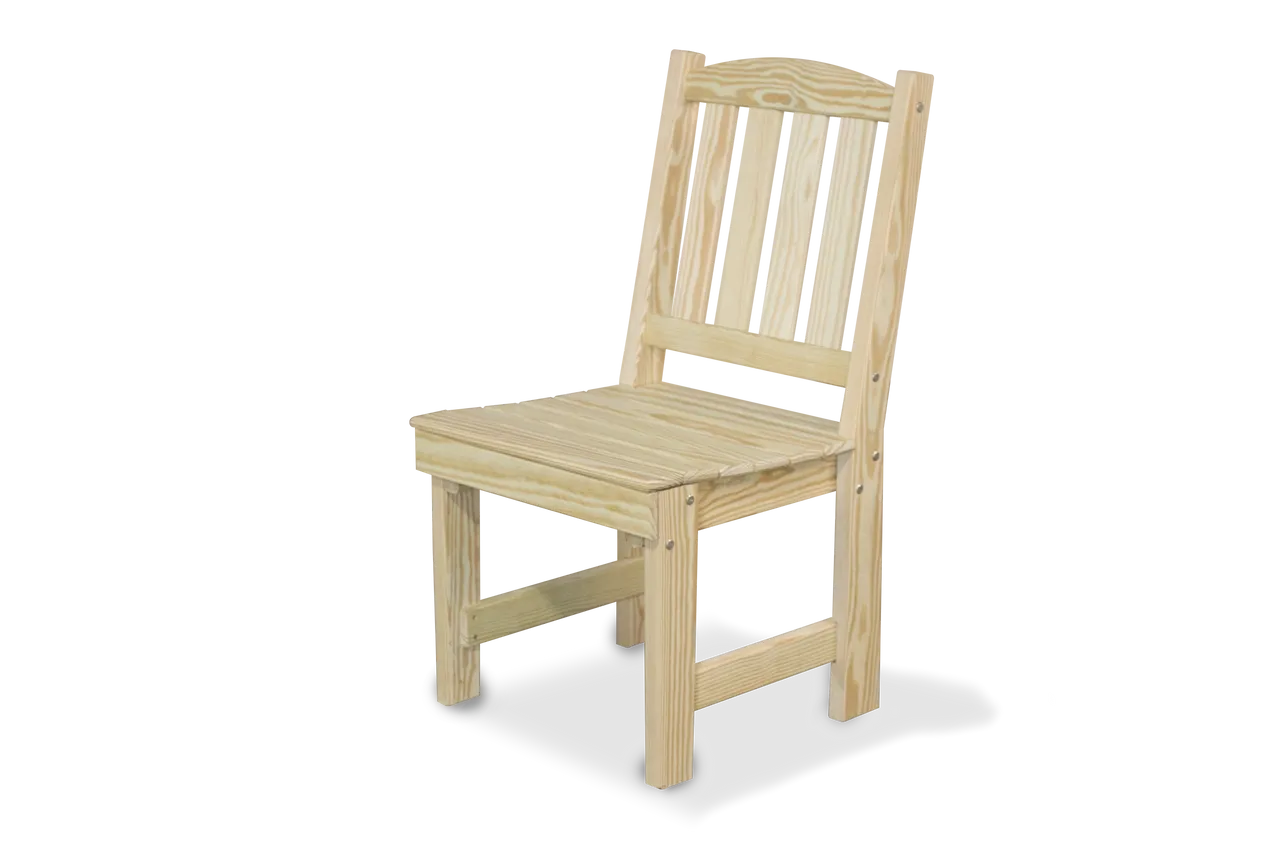 A wooden chair with no arms on top of a black table.