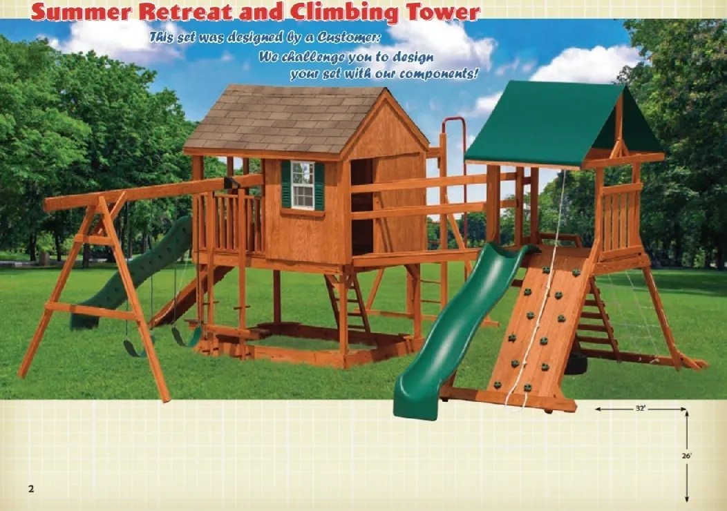 A large wooden play set with slide and swings.