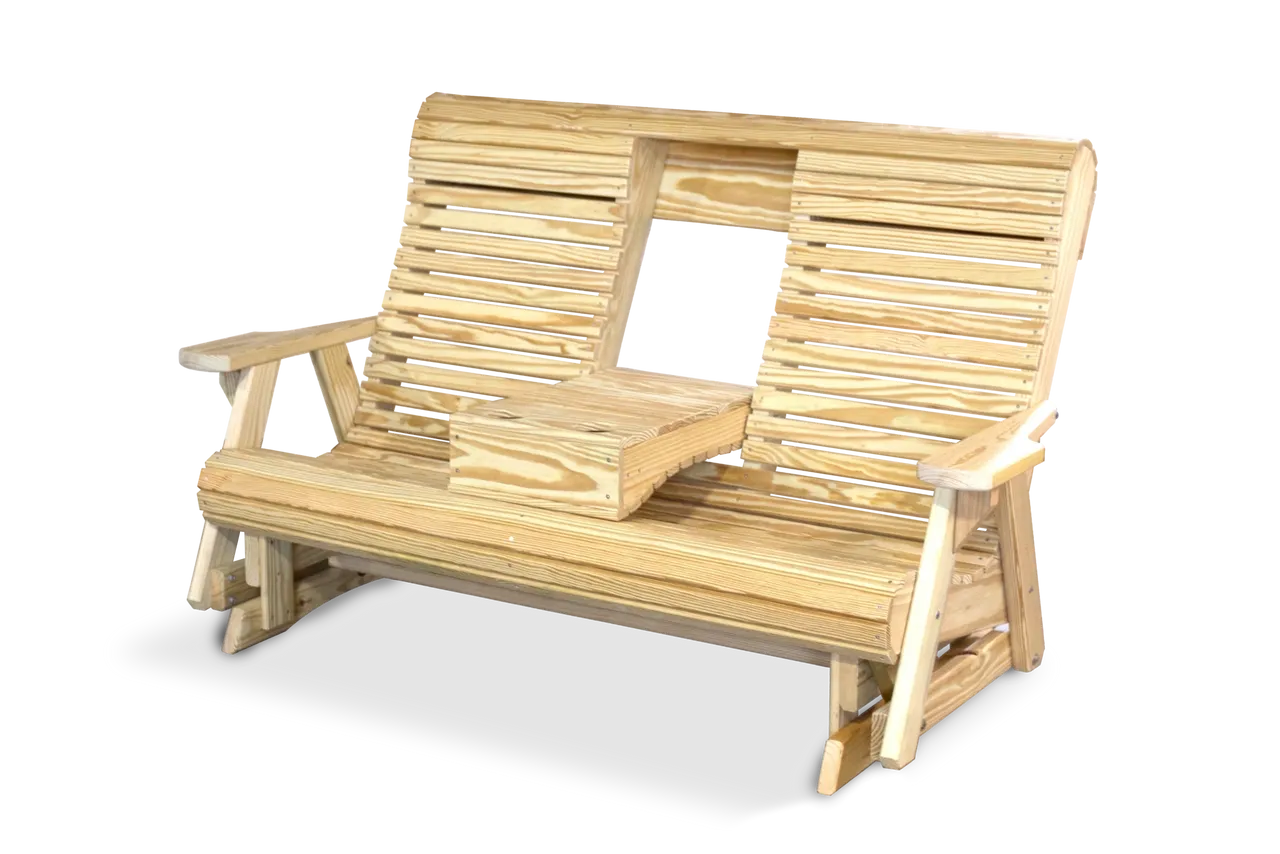 A wooden bench with two seats and a table.