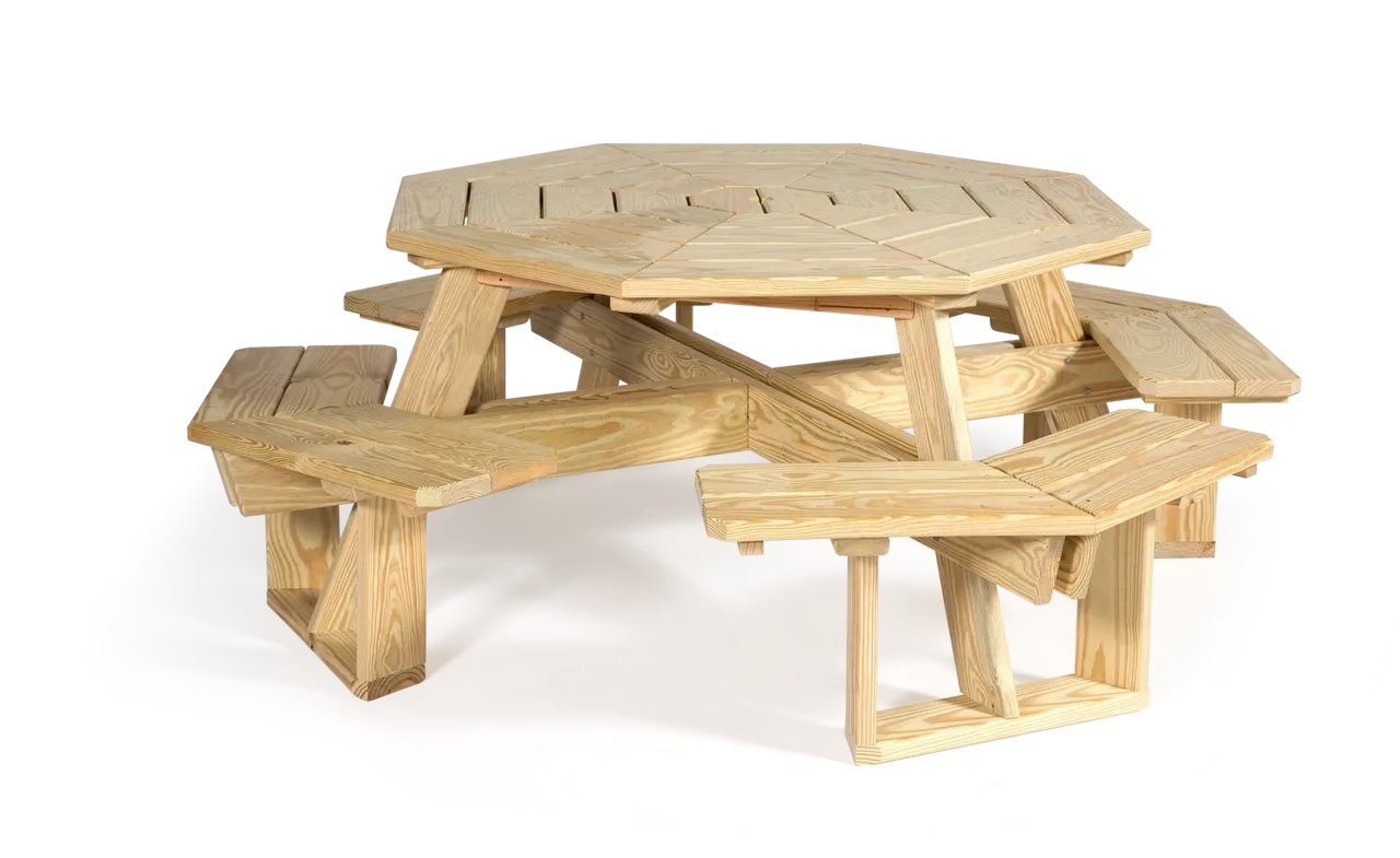 A wooden picnic table with benches on top of it.