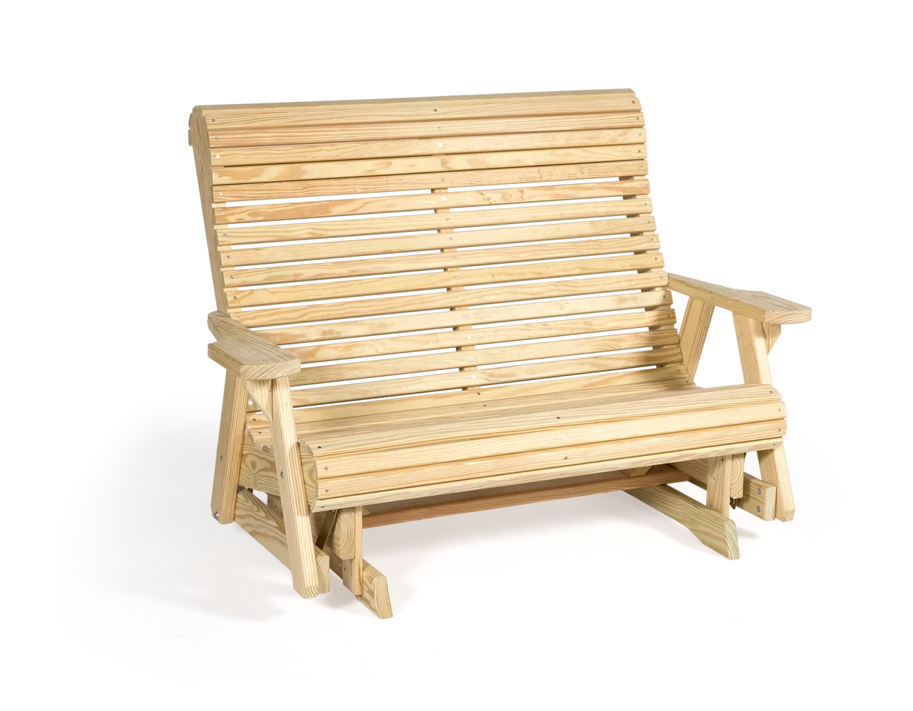 A bench made of wood with two arms and one leg.