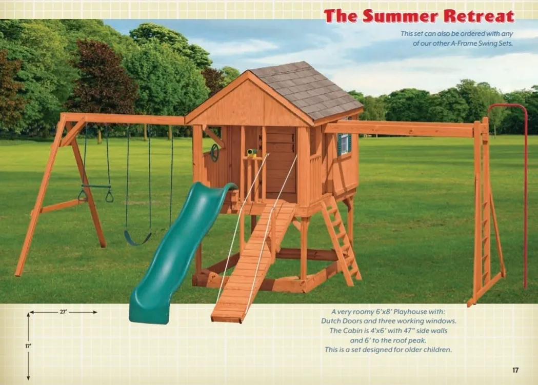 A wooden play set with slide and swing.