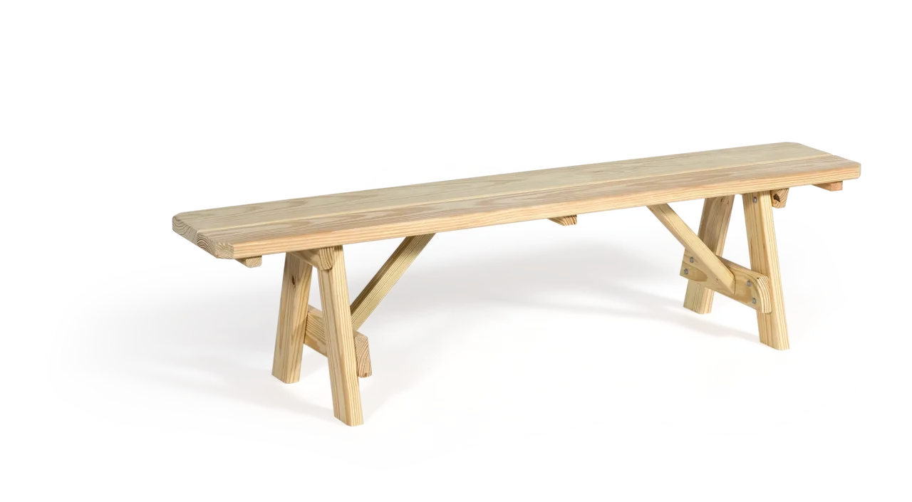 A wooden bench sitting on top of a white surface.